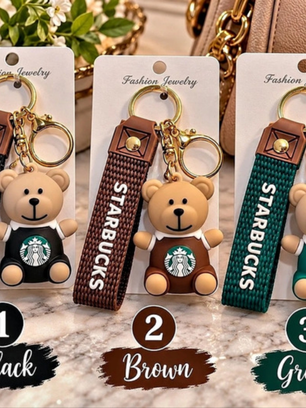 Starbucks Bearista Bear Keychain with Logo Strap Set Black & Brown & Green